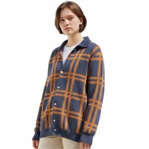 Vintage Grandpa Style Cardigan Sweater Blue Orange Grid Button Front Size XS